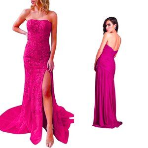 Paris by Mori Lee Strapless Fuchsia Pink Gown Floral Embroidery & Gems SZ 8 NEW